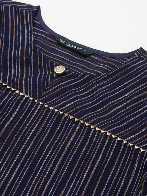 Navy Blue Cotton Blend Straight Kurta Suit Set