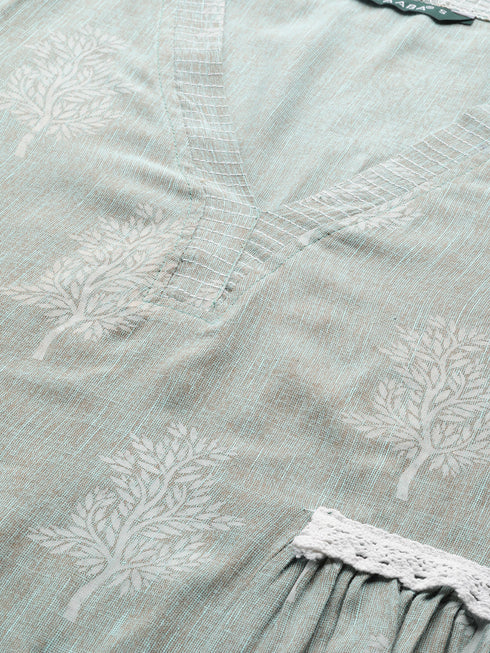 Green Rayon Printed Flared A-Line Kurta Suit Set