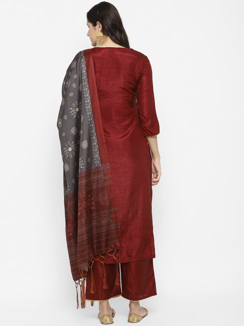 Women Maroon Gotta Patti Kurta with Palazzos & With Dupatta