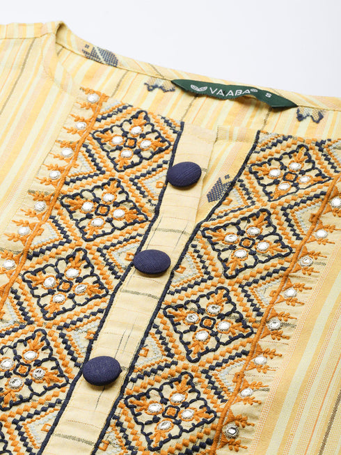 Ikat Yellow Cotton Embroidered Thread Work A-Line Kurta Suit Set