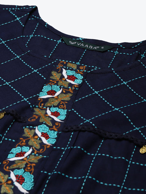 Women Embroidered Cotton Blend A-line Kurta  (Navy Blue)