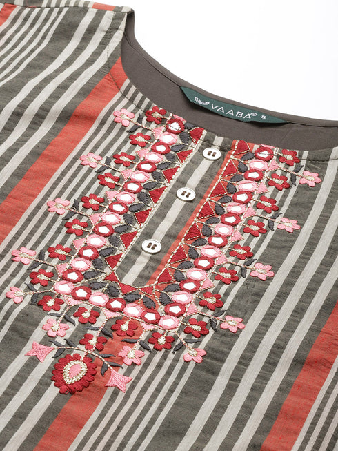 Grey Striped Chanderi Silk Kurta Suit Set