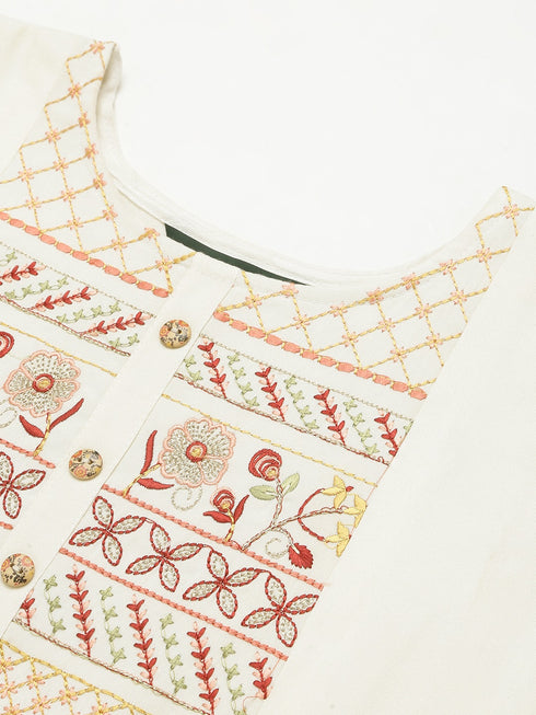 Women Rayon Embroidery Kurta Trousers Set (White)