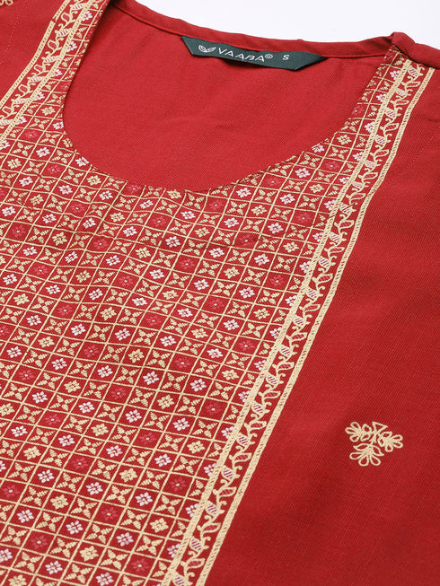 Maroon Panelled Straight Cotton Kurta Suit Set