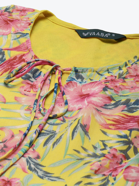 Yellow Self Design Chiffon Layered A-Line Flared Dress