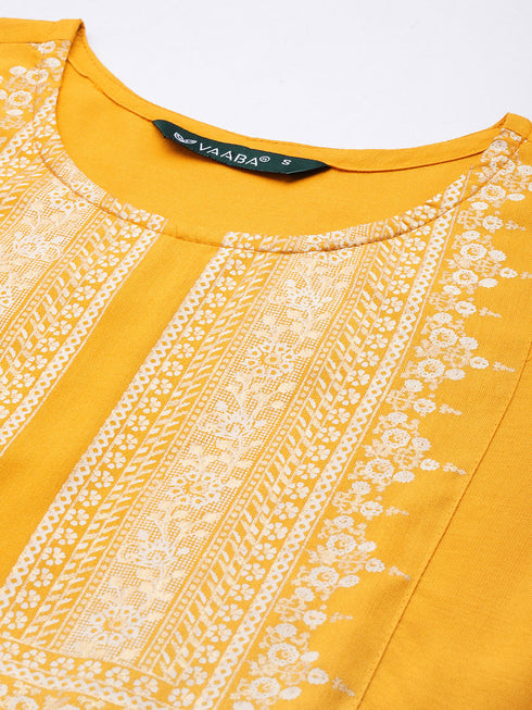 Yellow Panelled Printed A-Line Rayon Kurta Suit Set