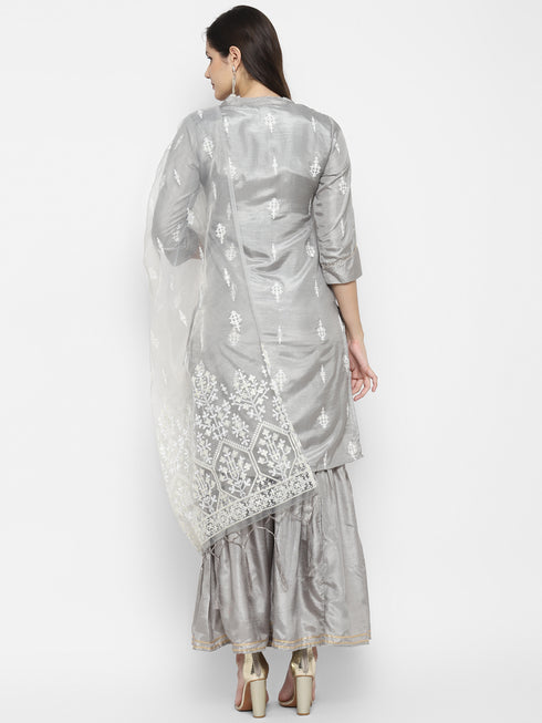 Printed Grey Silk Straight Kurta Suit Set