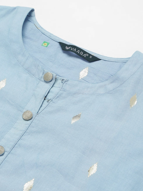 Women Self Design Pure Cotton Straight Kurta (Light Blue)