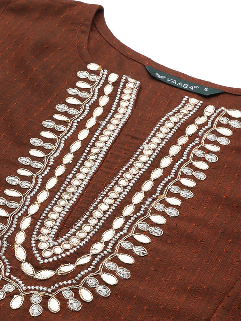 Coffee-Coloured Silk Embroidered Sequined Kurta Suit Set