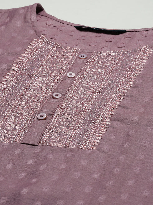Women Embroidered Cotton Blend Straight Kurta (Purple)