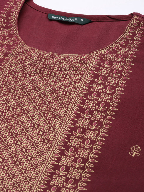 Wine Panelled Straight Cotton Kurta Suit Set