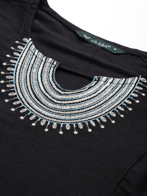 Black Silk Embroidered Sequined Straight Kurta Suit Set