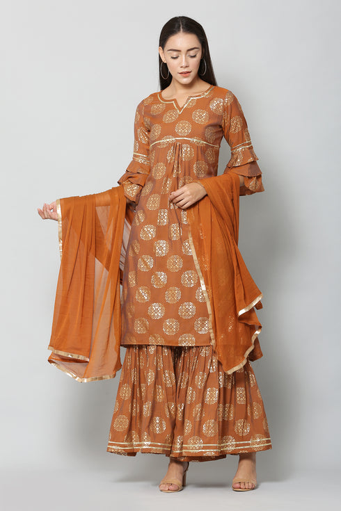 Rust Rayon Foil Printed Kurta Suit Set
