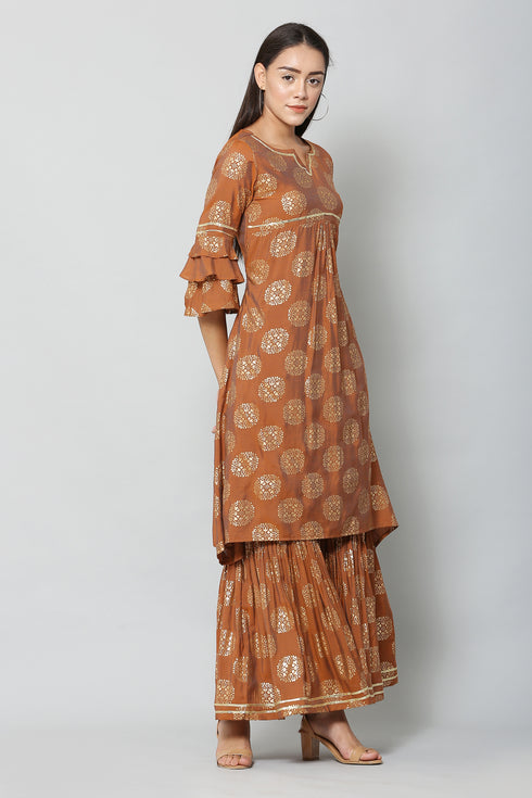 Rust Rayon Foil Printed Kurta Suit Set