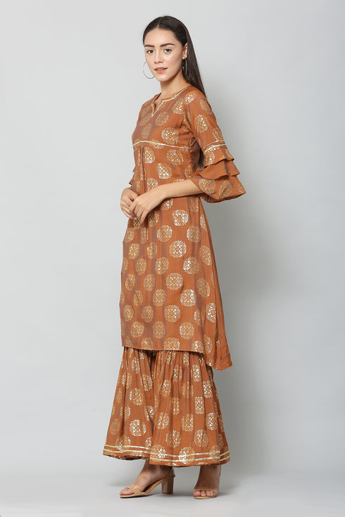 Rust Rayon Foil Printed Kurta Suit Set