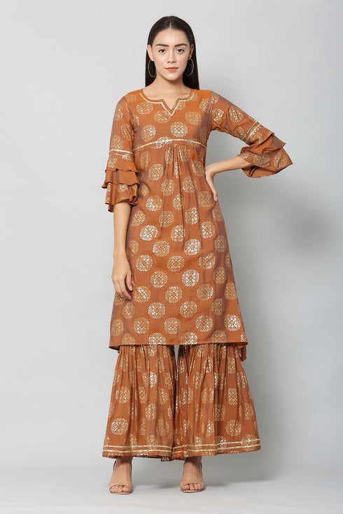 Rust Rayon Foil Printed Kurta Suit Set
