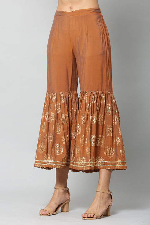 Rust Rayon Foil Printed Kurta Suit Set