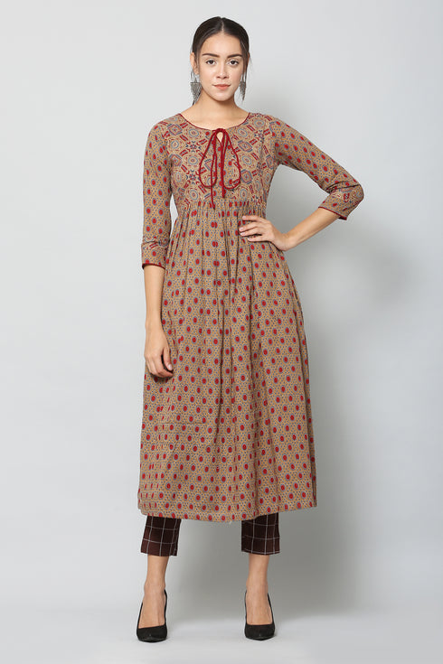 Women Cotton Printed Brown Flared Kurta