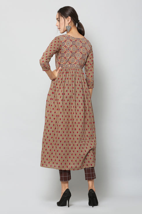 Women Cotton Printed Brown Flared Kurta