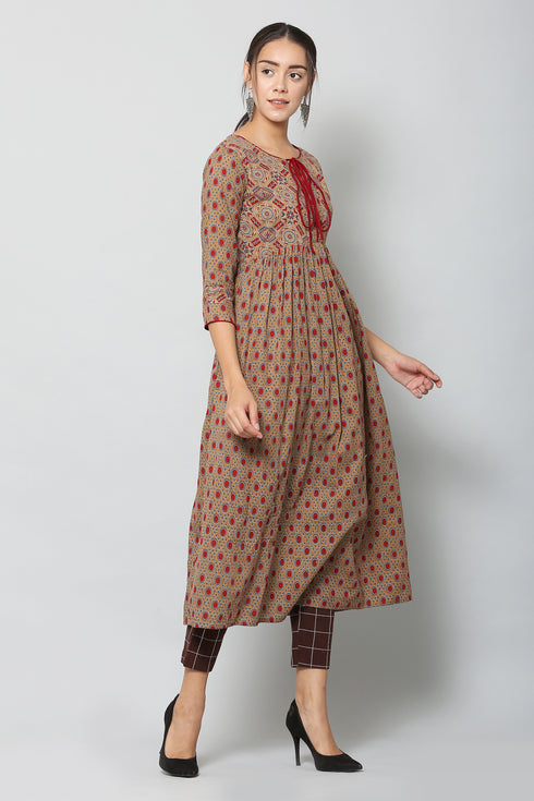 Women Cotton Printed Brown Flared Kurta