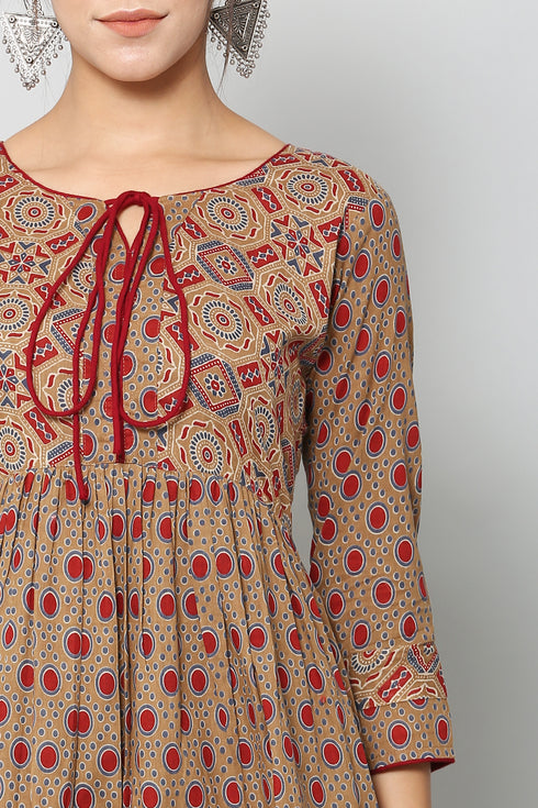 Women Cotton Printed Brown Flared Kurta