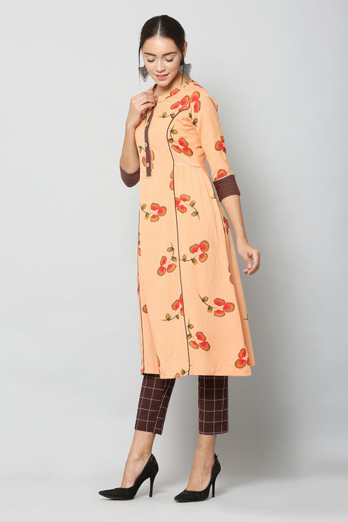 Women Foil Printed Orange Casual Daily Wear Kurta