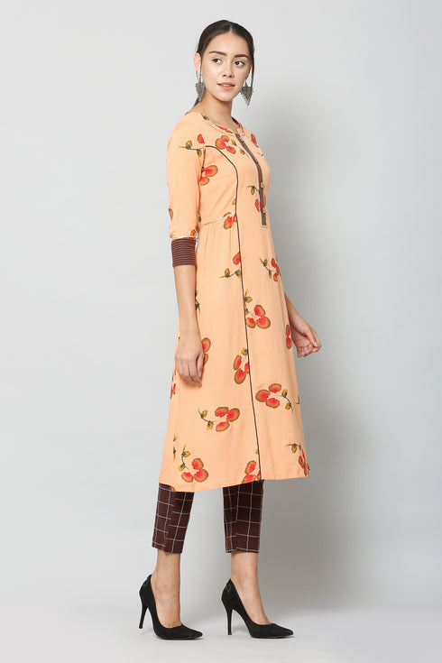 Women Foil Printed Orange Casual Daily Wear Kurta