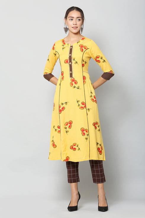 Women Foil Printed Yellow Casual Daily Wear Kurta