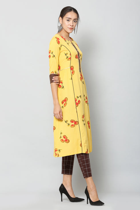 Women Foil Printed Yellow Casual Daily Wear Kurta