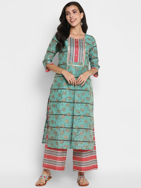 Rama Chanderi Silk Foil Printed Straight Kurta Palazzo Set