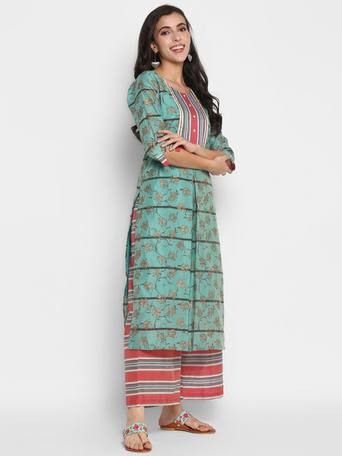 Rama Chanderi Silk Foil Printed Straight Kurta Palazzo Set