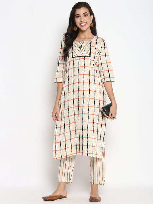 Women Cotton Checkered A Line Kurta Trouser Set