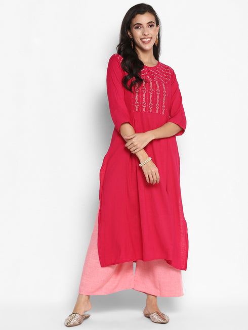 Women Embroidered Viscose Blend Straight Kurta (Rani)