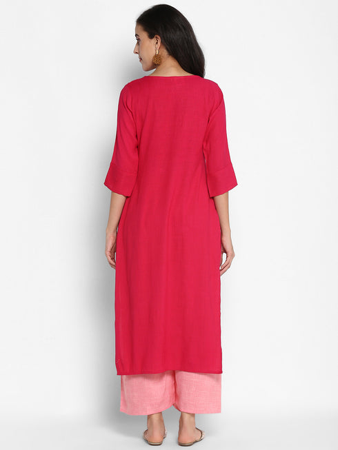 Women Embroidered Viscose Blend Straight Kurta (Rani)