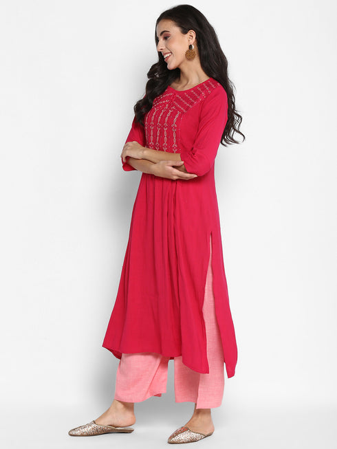 Women Embroidered Viscose Blend Straight Kurta (Rani)