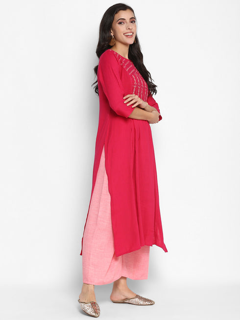 Women Embroidered Viscose Blend Straight Kurta (Rani)