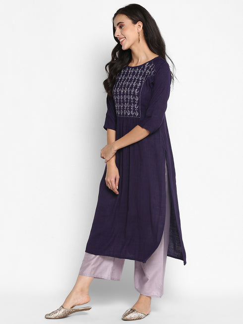Women Embroidered Viscose Blend Straight Kurta (Purple)