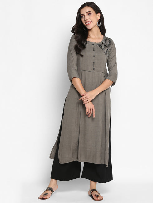 Women Embroidered Viscose Blend Straight Kurta (Grey)