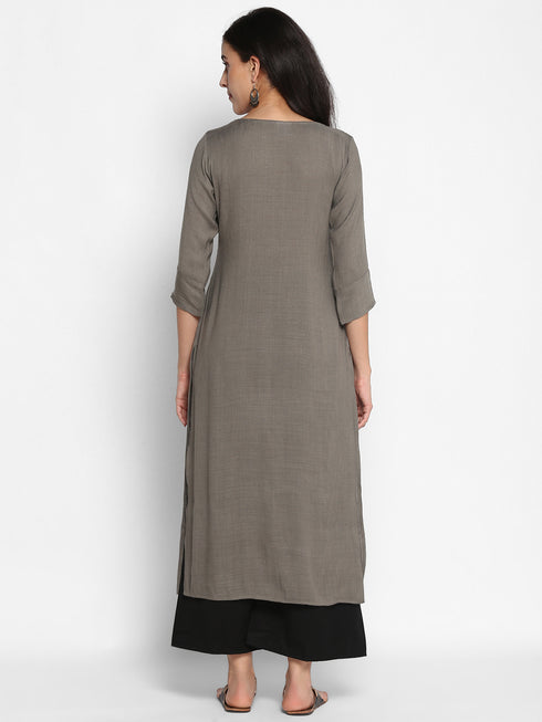 Women Embroidered Viscose Blend Straight Kurta (Grey)