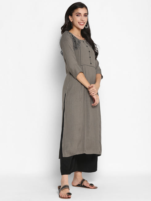 Women Embroidered Viscose Blend Straight Kurta (Grey)
