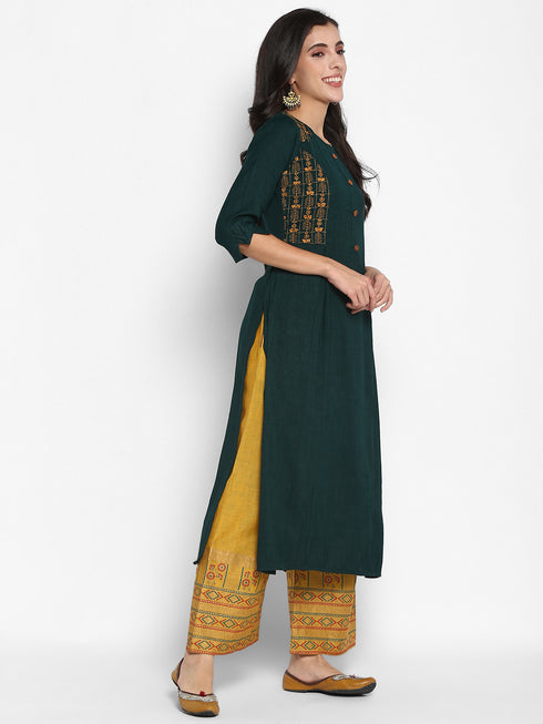 Women Embroidered Viscose Blend Straight Kurta (Green)