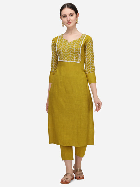 Women Sifly Work Kurta and Pant Set - Yellow