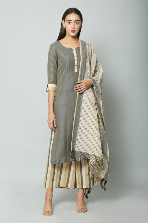 Grey Solid Resham Slub Suit Set