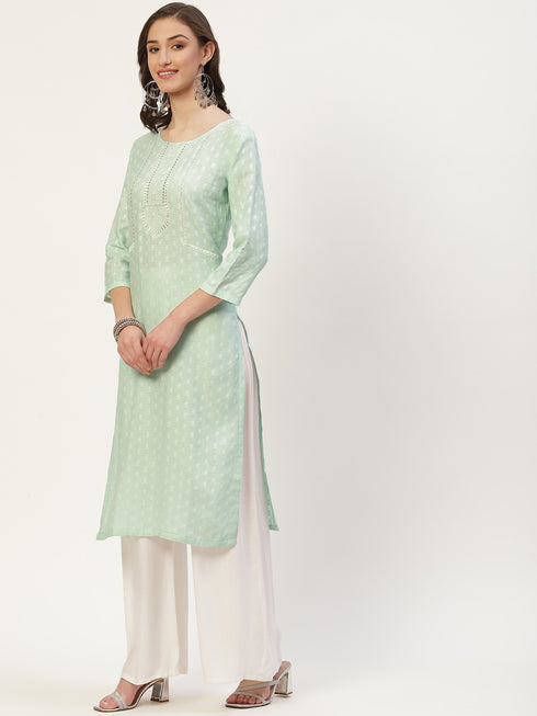 Women Embroidered Cotton Blend Straight Kurta (Light Green)