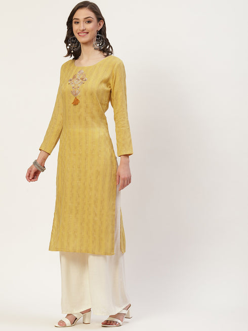 Women Embroidered Pure Cotton Straight Kurta (Yellow)