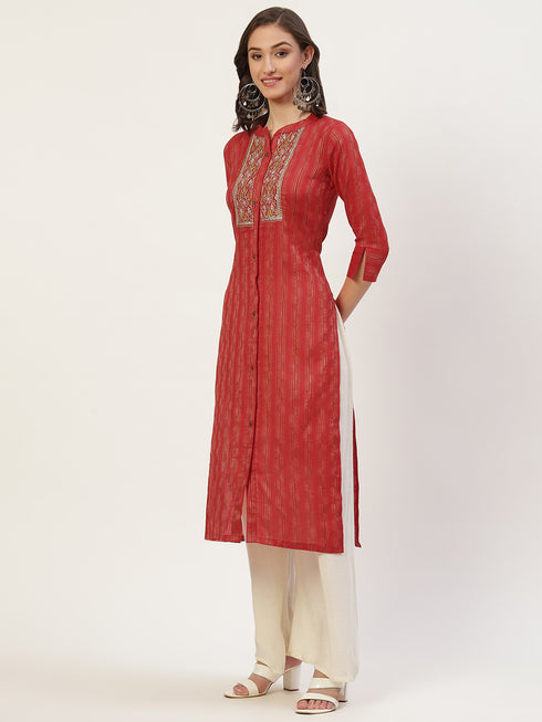 Women Embroidered Pure Cotton Straight Kurta (Red)