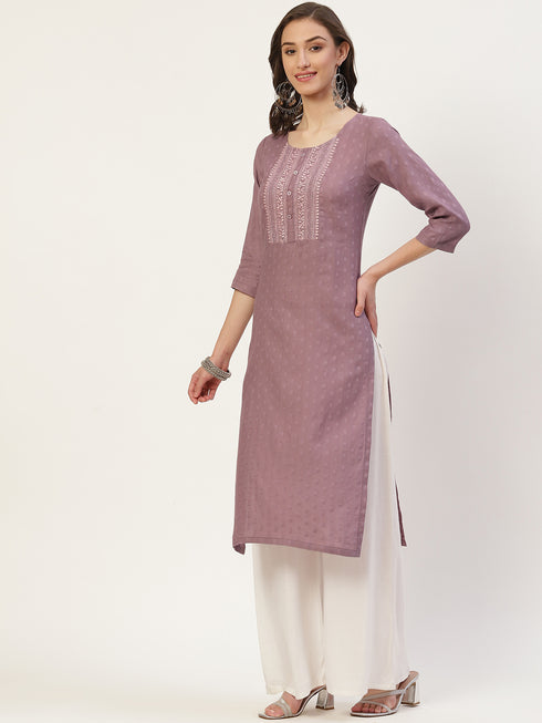Women Embroidered Cotton Blend Straight Kurta (Purple)