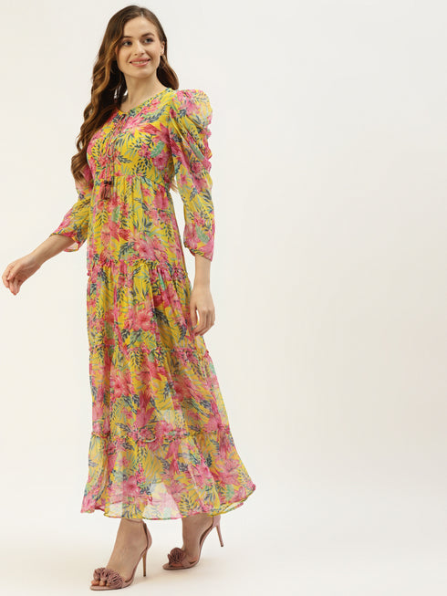 Yellow Self Design Chiffon Layered A-Line Flared Dress