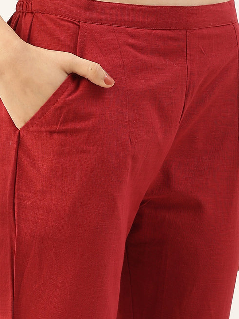 Red Cotton Blend Straight Kurta Suit Set