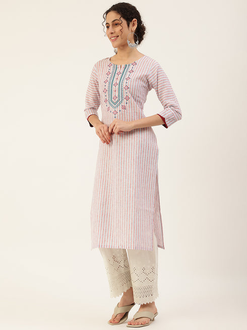 White Embroidered Cotton Checked Straight Kurta